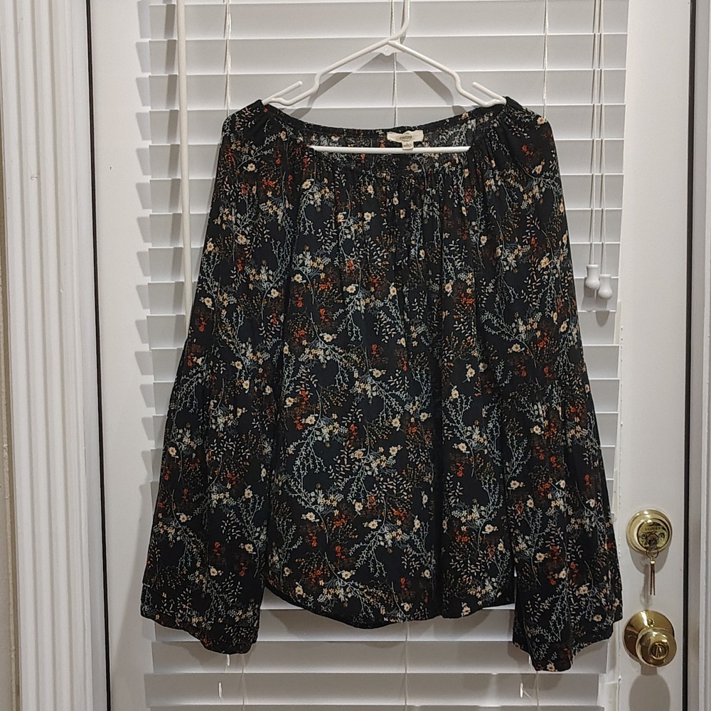 Entro Floral Blouse Womens Large Black Bell Sleeve Boho Cottagecore Prairie